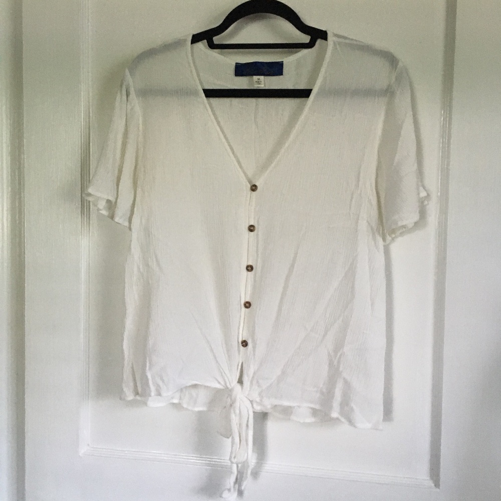 Blue Rain Tie Waist Top, Ivory, Medium
